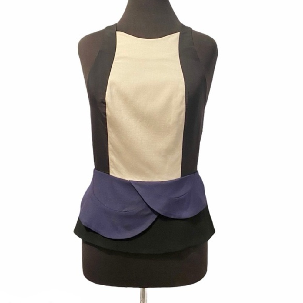 Diane Von Furstenberg Black and Cream Sleeveless Top with Blue Accent